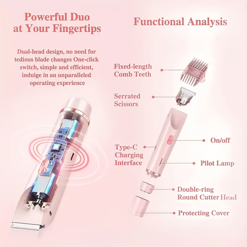 2-in-1 Pink Dual Head Bikini Trimmer For Women Electric Shaver For Wet & Dry Use Body Hair Remover For Bikini Underarms Legs Arms Face Long Battery Life USB Rechargeable Hypoallergenic Blades Facial Hair Removal Ergonomic Grip Adjustable