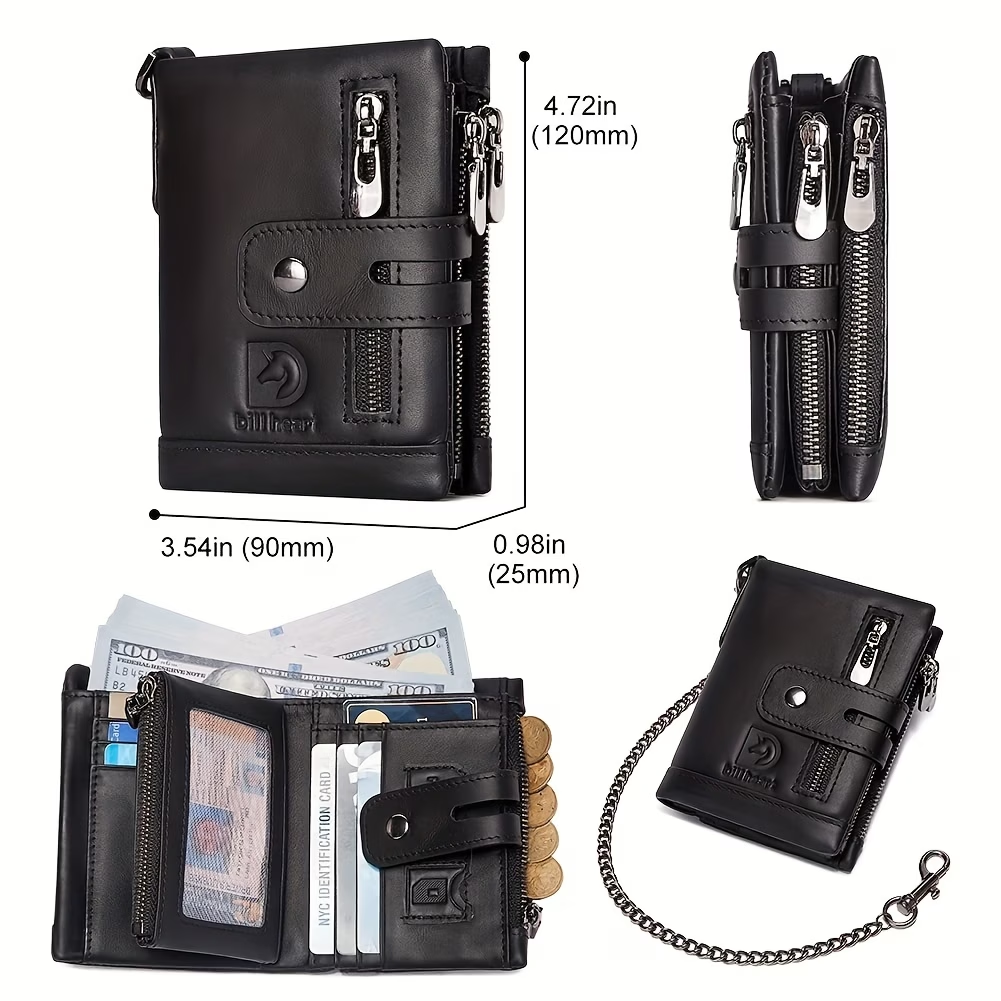 Men's Wallet With Chain - Genuine Leather Short Wallet RFID Blocking Card Holder Double Zipper Coin Pocket Anti-Theft Wallet - For Men - Suitable for Everyday Use - Ideal Gift for Father's Day, Birthday
