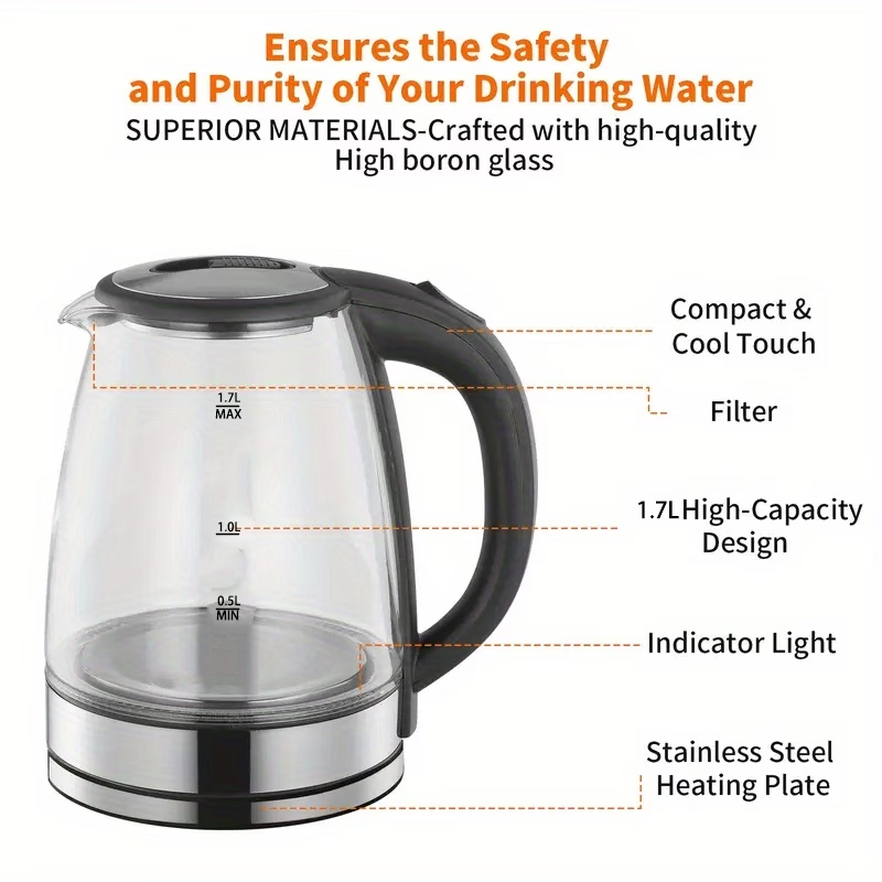 Electric Kettle, 67.63oz Large Capacity, Glass Electric Kettle, 1000W High Power, Anti-dry Burning And Rapid Heating, Suitable For Kitchen, Dining Room And Living Room, For Brewing Coffee And Milk, Saving More Heating Time And Being Safer.