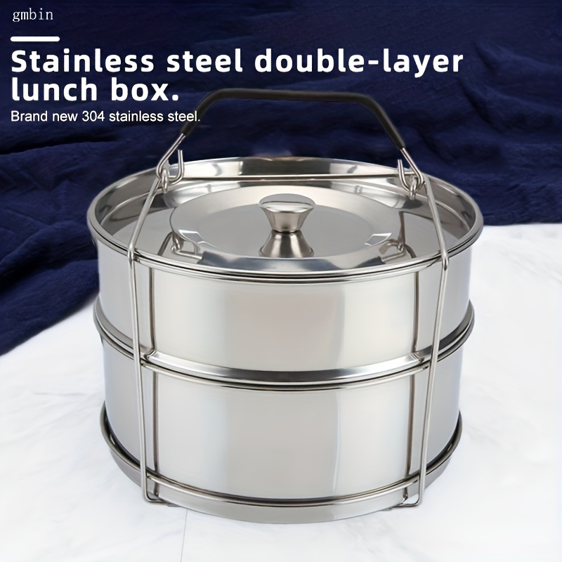 Double-layered 304 stainless steel lunch box, airtight, leak-proof, drop-resistant, durable, portable, and easy to clean. Suitable for office workers and students; microwave safe.