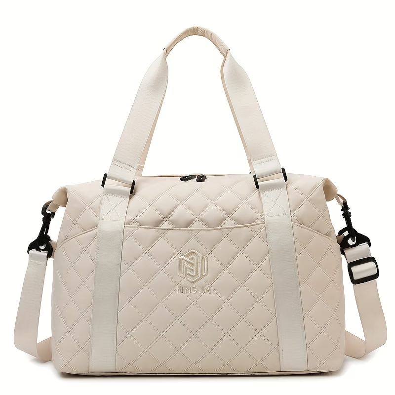 Large Capacity Quilted Travel Duffel Bag with Rhombus Pattern, Solid Color Overnight Carry-On Tote with Multiple Storage Pockets