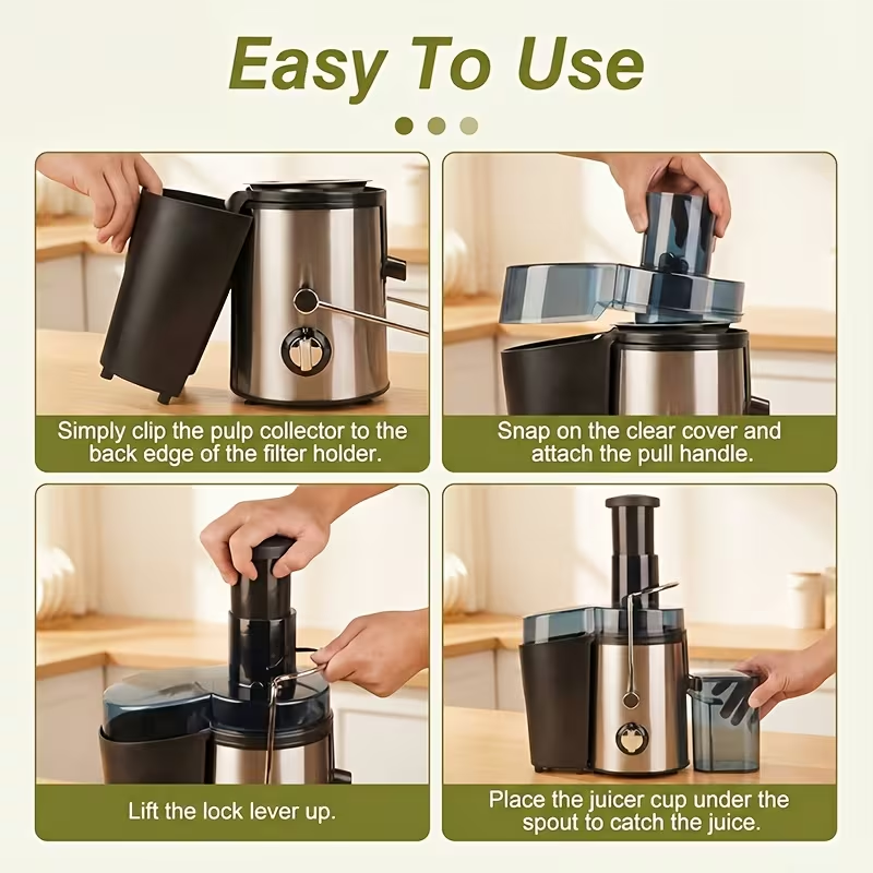 Stainless Steel High Power Portable Large Capacity Juice Extractor with Lid - Durable, Easy-Clean Design for Fresh Juice, Compatible with Most Extractor Systems, Modern Extractor, Powerful Cold Press Juicer