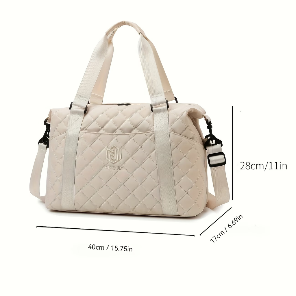 Large Capacity Quilted Travel Duffel Bag with Rhombus Pattern, Solid Color Overnight Carry-On Tote with Multiple Storage Pockets