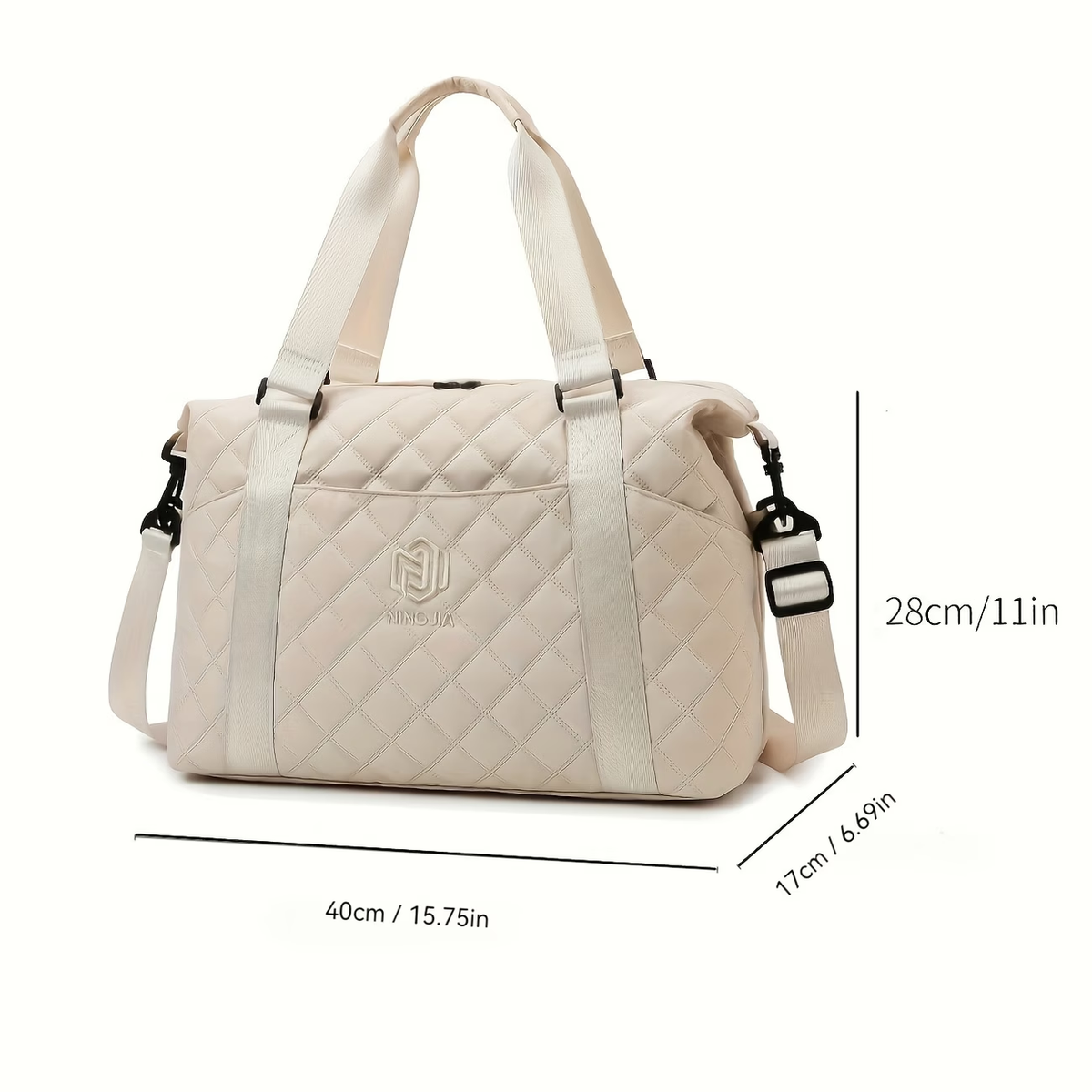 Large Capacity Quilted Travel Duffel Bag with Rhombus Pattern, Solid Color Overnight Carry-On Tote with Multiple Storage Pockets