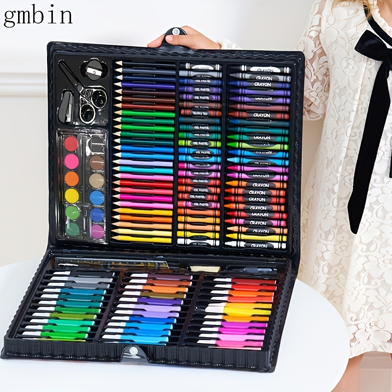 Paintbrush, watercolor, crayon, and wax stick drawing tool set; school supplies drawing set; black drawing set.