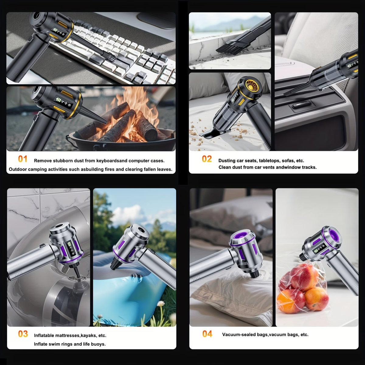 2026 NEW 20000Pa Powerful Handheld Vacuum Cleaner Battery, 4in 1 Lightweight Vacuum Blower & Vacuum Cleaner, LED Display, USB Rechargeable Mini Vacuum Cleaner for Car, Home & Pet Hair Cleaning, Equipped with Cleaning Hoses