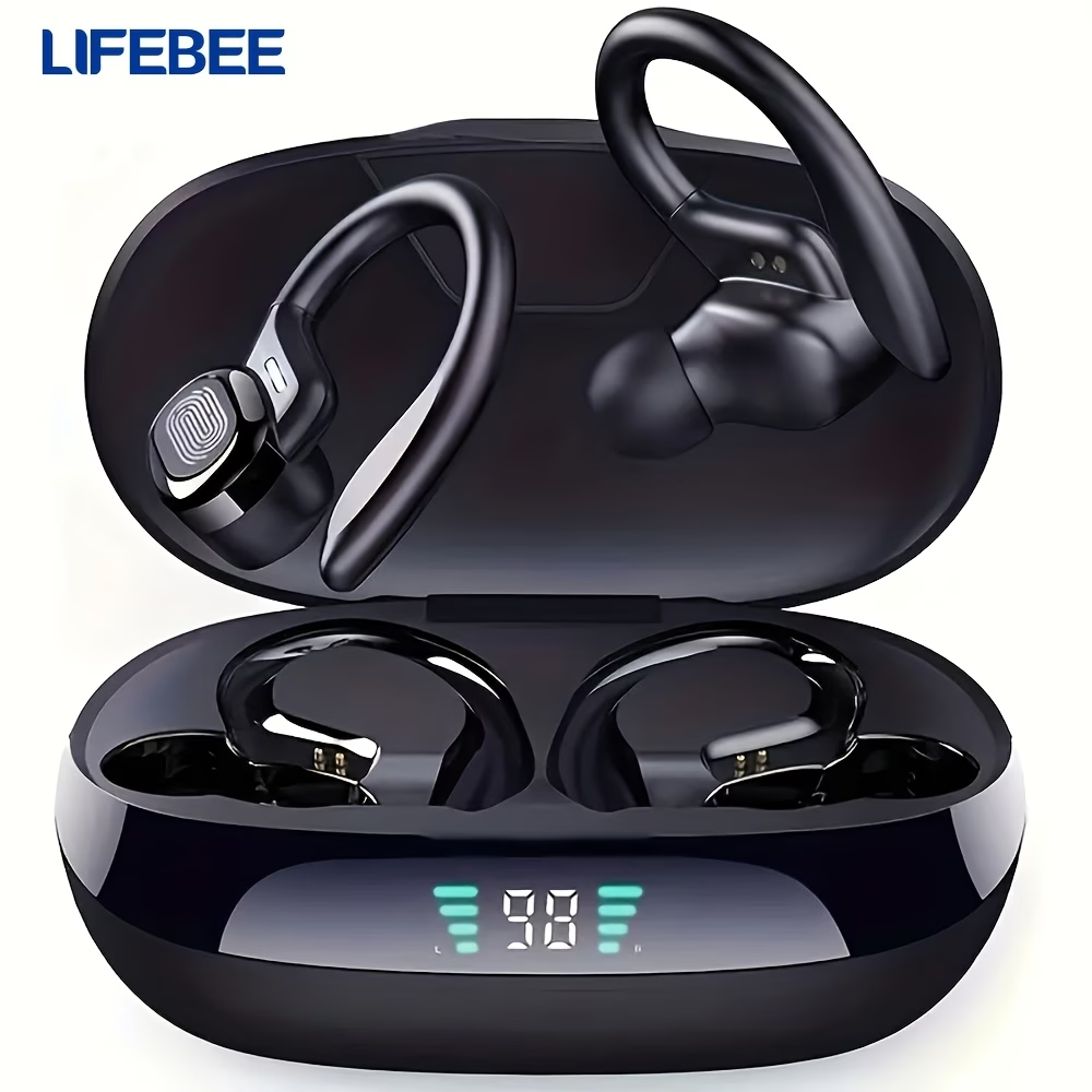 True Wireless Earbuds with Mic, TWS In-Ear Headphones with ENC Noise Cancelling Mic, Sport Earhook Headset, Stereo in Ear Headphones with LED Display Charing Case, Wireless Running Sports Earbuds Earhook