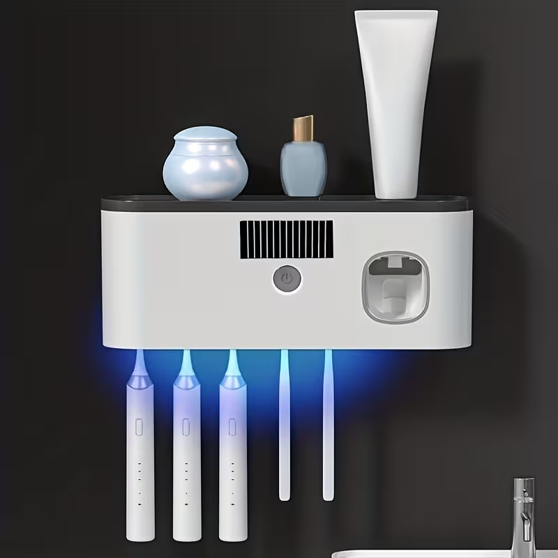 1pc Smart Toothbrush Organizer, Bathroom Toothbrush Display And Storage, with Automatic Toothpaste Dispenser - Wall-Mounted, 5-Slot Storage, Durable Plastic, USB Rechargeable Lithium Battery, Modern Bathroom Organization And Home Decor