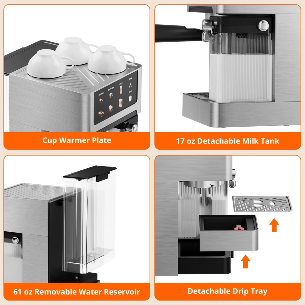20-Bar Dual Boiler Espresso And Cappuccino Machine - 3-in-1 Latte Coffee Maker With Automatic Milk Frother And LED Touch Control