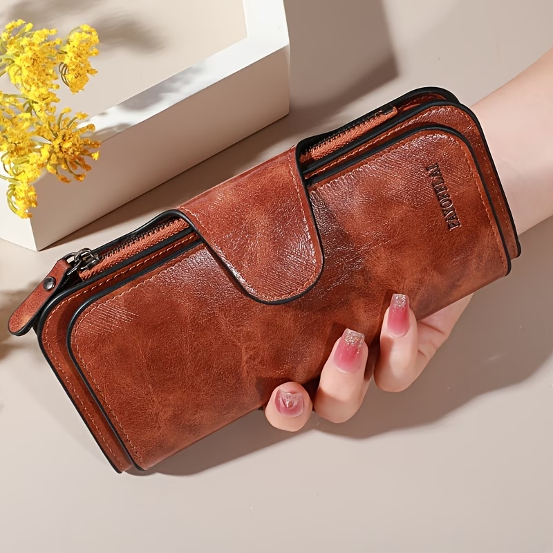 Women'S Large Capacity Clutch Luxury Waxed Wallet Multi-Card Storage Box Credit Card Holder Wallet with Zipper Pocket ID Window