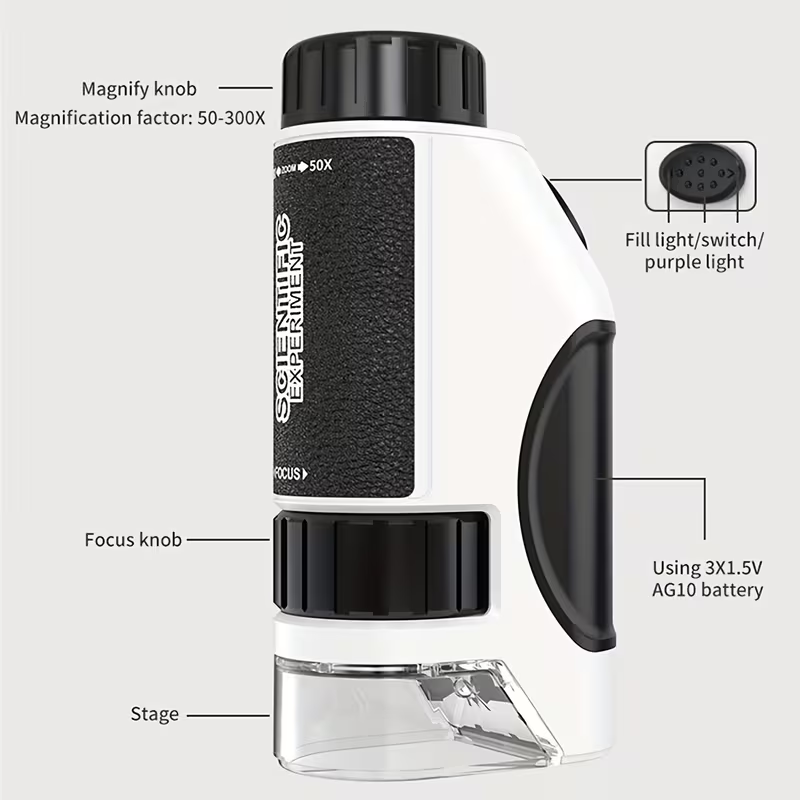 Portable Handheld Microscope Toy, with LED Light 50X-300X, Outdoor Indoor Nature Exploration Science Educational Toy, Holiday Gift