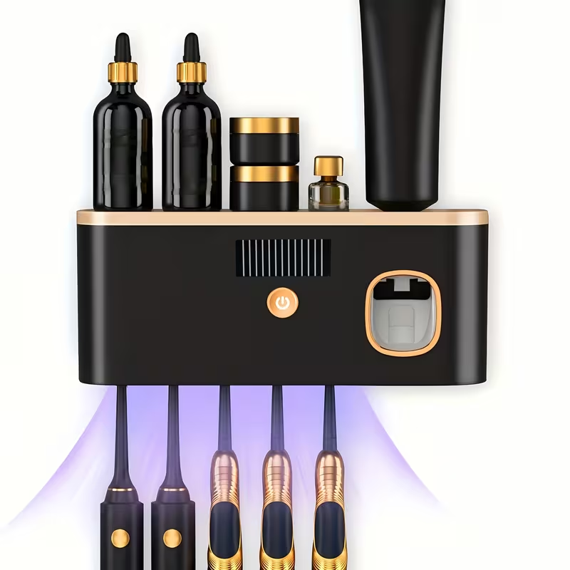1pc Smart Toothbrush Organizer, Bathroom Toothbrush Display And Storage, with Automatic Toothpaste Dispenser - Wall-Mounted, 5-Slot Storage, Durable Plastic, USB Rechargeable Lithium Battery, Modern Bathroom Organization And Home Decor