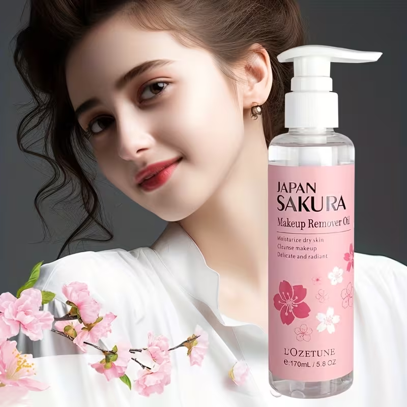 New Release 5.75oz Sakura Love Makeup Remover Oil, Contains Plant-Derived Squalane, Gentle Alcohol-Free Formula, Emulsifies in One Second, Refreshing and Non-Comedogenic, Suitable for Students and Women, A Must-Have for Daily Makeup Removal