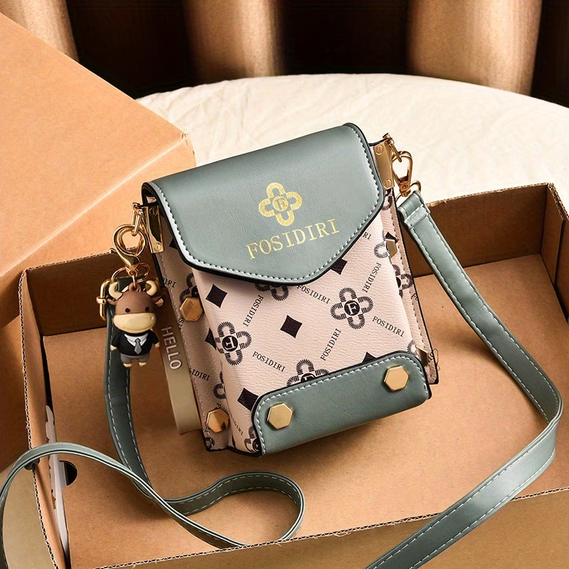 FOSIDIRI Women'S Fashionable Faux Leather Crossbody Bag - Geometric Pattern, Magnetic Closure, Adjustable Strap, Stylish Black & Beige Design with Floral Accents, Everyday Bag|Geometric Pattern Bag|Magnetic Closure Bag