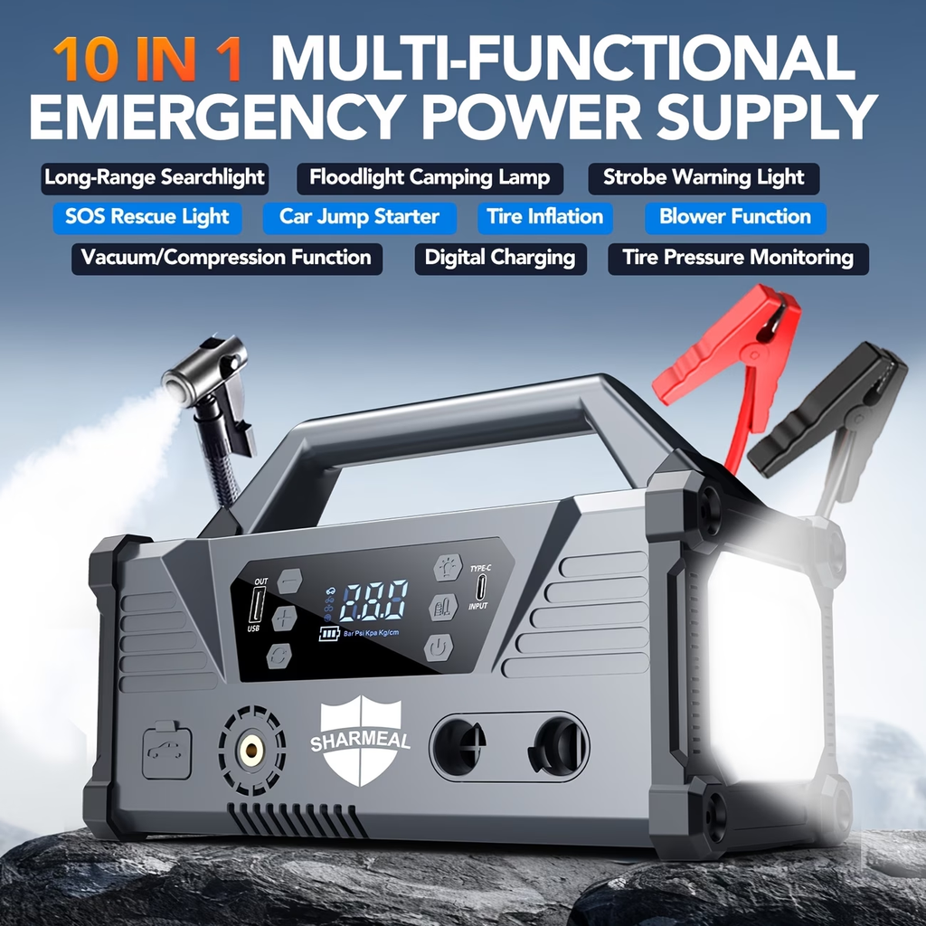 18000A/20000A 15-In-1 Car Jump Starter with Air Compressor And Enhanced Blower, Powered by a 12V Car Battery (Suitable for All Gasoline Cars And 2.64gal Diesel Cars), Equipped with a 200PSI Tire Inflator, 20000Mah Battery, And 3-Mode Flashlight