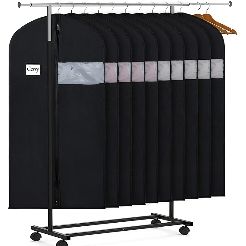 Black non-woven garment storage and dust cover; hanging suit organizer bag with a clear viewing window; easy-to-maintain, moisture-proof, and dust-proof storage bag for formal wear and suits.