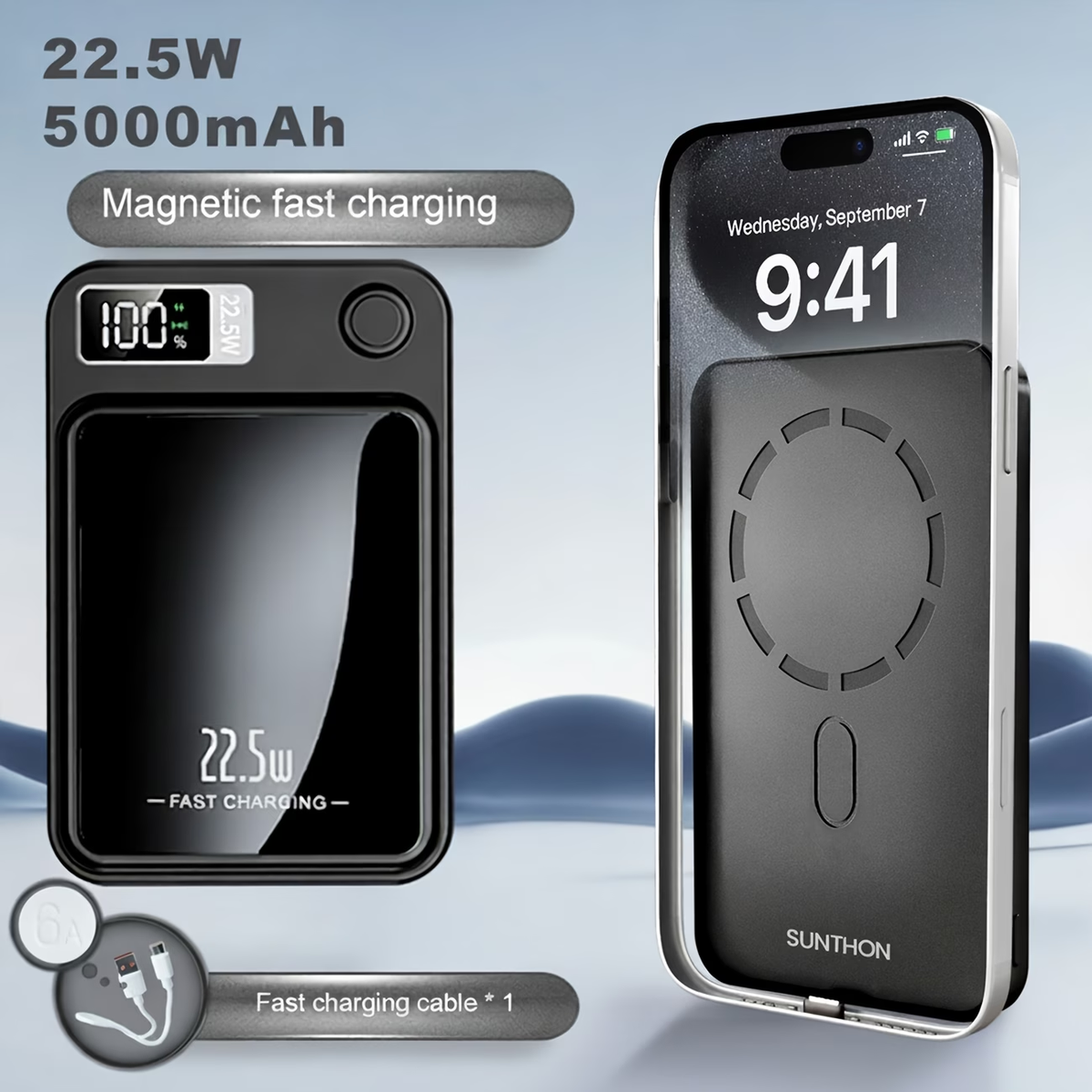Sunthon Magnetic Wireless Charging Power Bank, 10000/5000mAh Portable Wireless Charger, 22.5W/PD20W Fast Charging Battery Pack, with LED Power Display, 2 Outputs And Dual Input External Battery Pack for iPhone 17/16/15/14/13/12 And Android Universal
