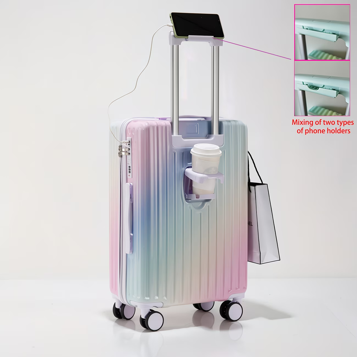 Christmas Gifts: Multi-functional Gradient Color Suitcase with High Quality Zipper, Cup Holder, USB Charging Port, Portable Hook, Telescopic Handle, Phone Holder. New 20-Inch Ultra-Light, Stylish, and Fresh-Looking Combination Lock Travel Suitcase