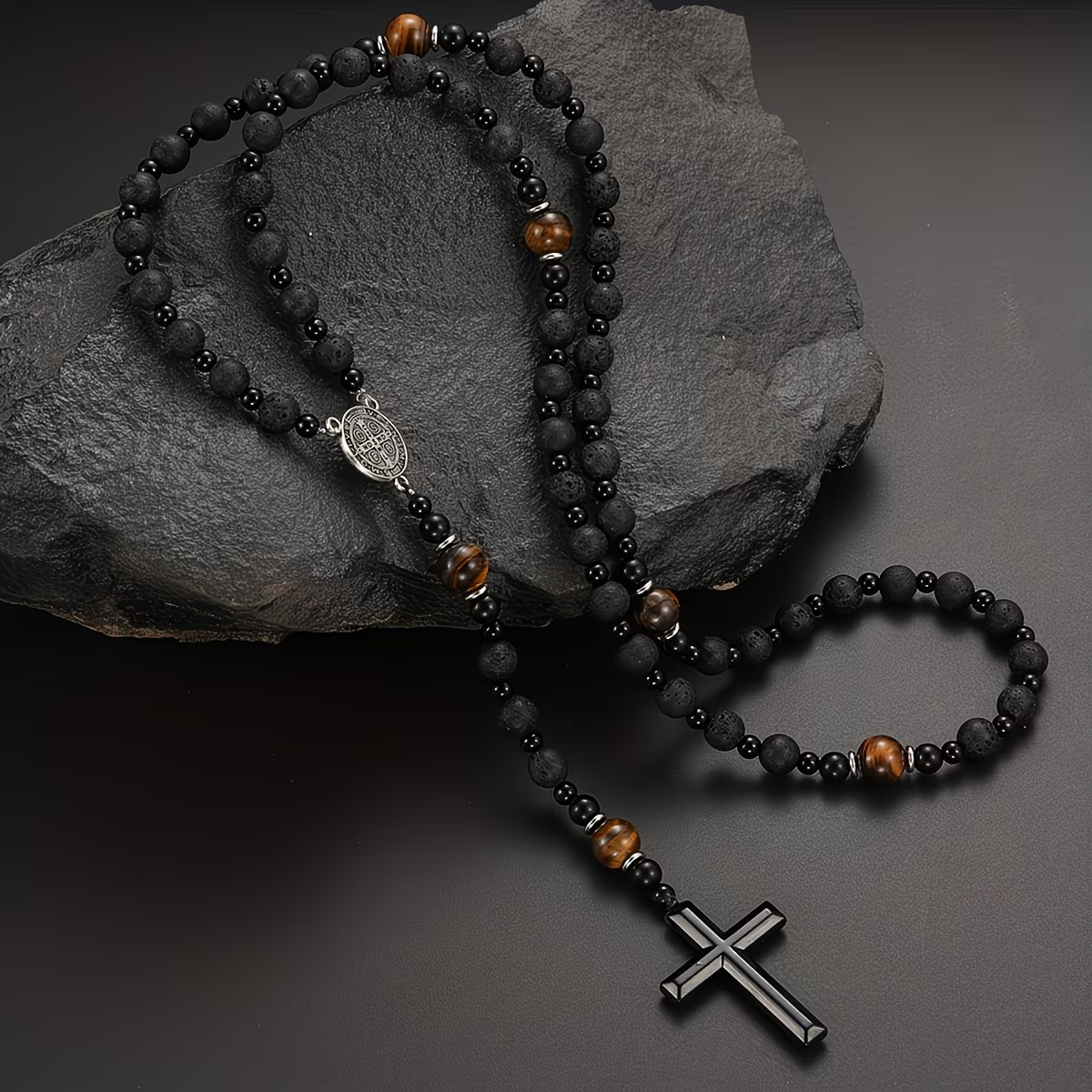 Trendy Cool Black Round Bead Yellow Tiger Eye St. Benedict Pendant Pendant Necklace Women Men Jewelry Gift