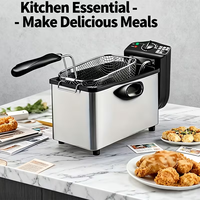Electric Deep Fryer with a Stainless Steel Basket, Removable Lid, And Oil Container