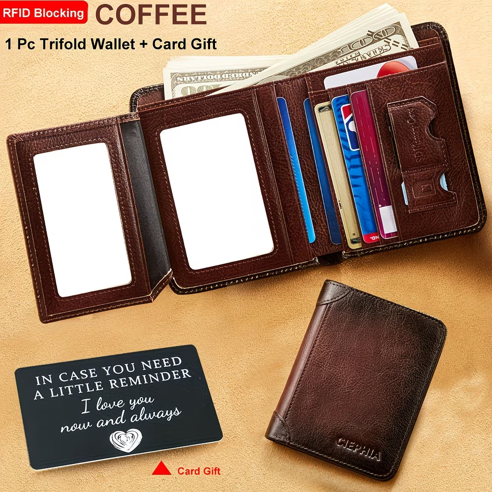Genuine Leather Men's Wallet with Blessing Card Set, RFID Blocking, Ultra-Thin, Top-Grain Cowhide, Compact Multi-Function ID and Credit Card Holder, Christmas Valentine's Day Father's Day Gift