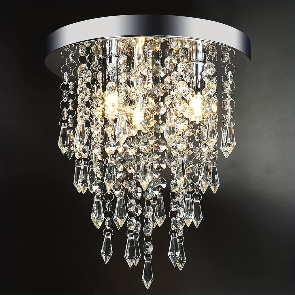 TURAOHU 3 Lights Mini Crystal Flush Mount Chandelier Fixture, Crystal Ceiling Lamp, H10.4 X W9.8, Elegant Modern Flush Mount Ceiling Light for Bedroom, Hallway, Bar, Living Room, Dining Room, Chrome(G9 Base)(Bulbs Not Included!!!)