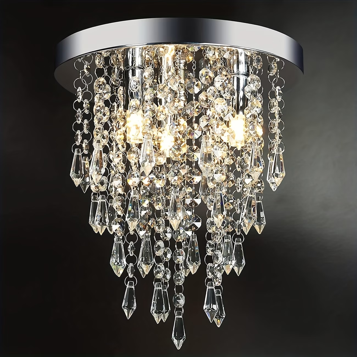 TURAOHU 3 Lights Mini Crystal Flush Mount Chandelier Fixture, Crystal Ceiling Lamp, H10.4 X W9.8, Elegant Modern Flush Mount Ceiling Light for Bedroom, Hallway, Bar, Living Room, Dining Room, Chrome(G9 Base)(Bulbs Not Included!!!)