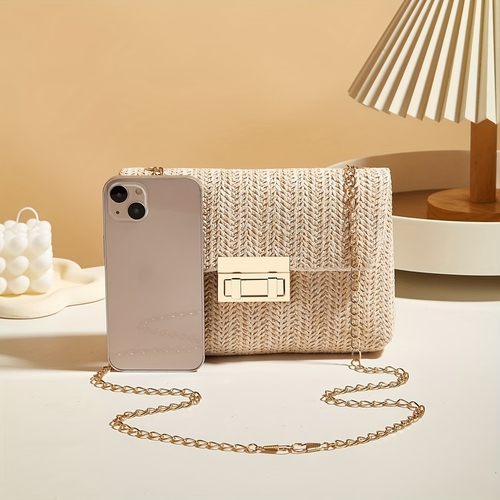 Women'S Straw Woven Shoulder Bag Handwoven Crossbody Bag Chain Closure Square Bag