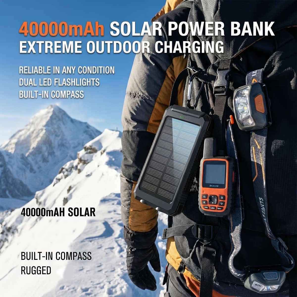 Portable Solar Mobile Phone Charger, Camping External Battery Charger For Mobile Phones, 2 USB/ LED Flashlights With Compass For Outdoor Activities, 20000mAh Portable Solar Power Bank