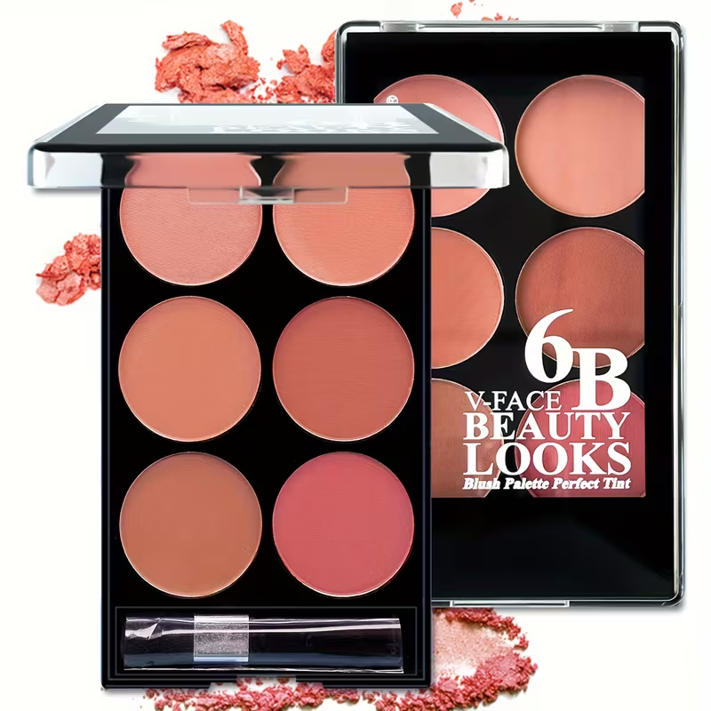 6-Color Waterproof Blush Palette - Easy-to-Apply, Natural 3D Makeup Look, Shade Enhancement for All Skin Tones, Matte & Shimmer Finishes in Red Hues, Makeup Palette