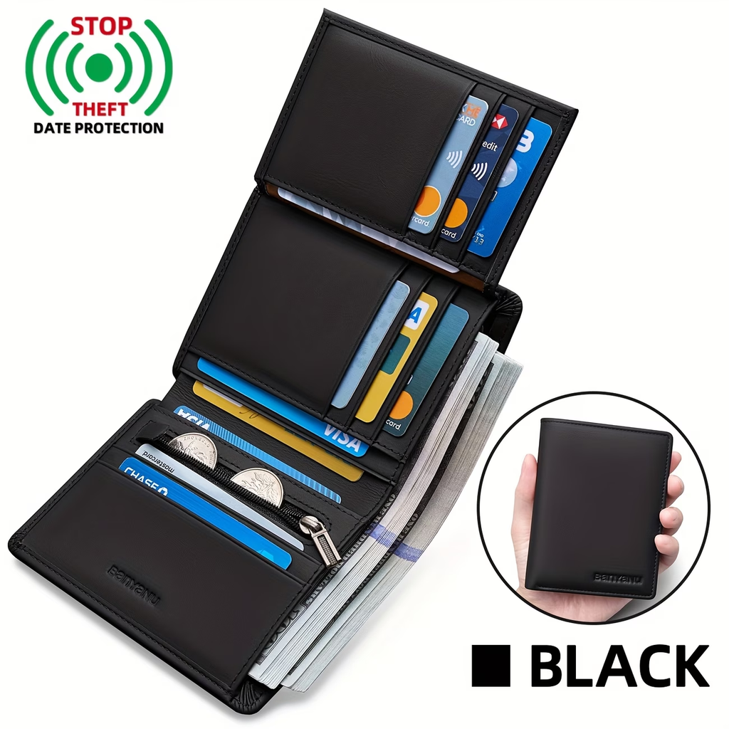 Genuine Leather Three-Fold Wallet for Men, 13 Card Slots with Anti-Theft Feature