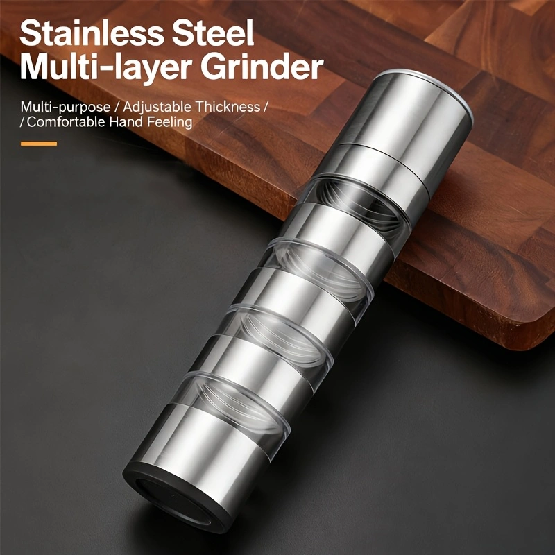 Five-layer stainless steel pepper grinder, a kitchen seasoning essential, with a transparent viewing chamber, rotary grinder, and adjustable coarseness.
