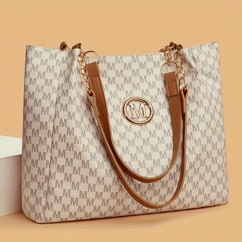 Women's Vintage Prescription-Style Shoulder Bag, Large Capacity Letter-Print Tote Bag, Daily Commute Handbag, Outing and Shopping Carryall Purse