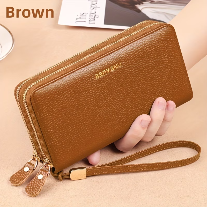 Women'S Long Wallet, Stylish And Spacious, Made of Top-Layer Cowhide, Double Zipper Genuine Leather Clutch Bag 9009