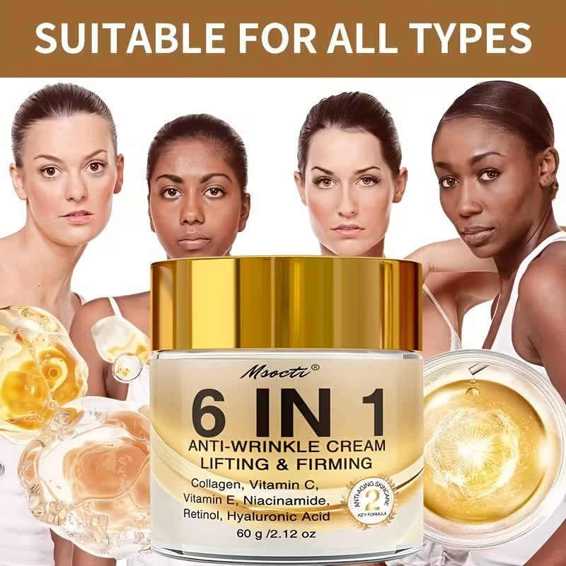 6-in-1 Instant Firming and Lifting Cream Deeply Moisturizes, Smoothes Dry Skin, Enhances Radiance and Elasticity, Skincare, Makes Skin Look Younger, Contains Retinol, Hyaluronic Acid, Niacinamide, Vitamin CE, Collagen, 60g, Non-greasy