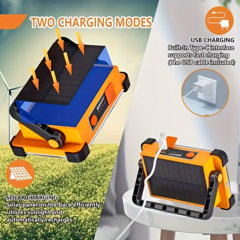 1pc 144 LED Bead 8-Grid Emergency Light, Solar-Powered Searchlight with 5 Lighting Modes, USB Charging Function, Long-Lasting Battery, IP66, Portable Floodlight, Transparent Grid Surface Design with Black/Yellow Handle, Magnetic Base Emergency