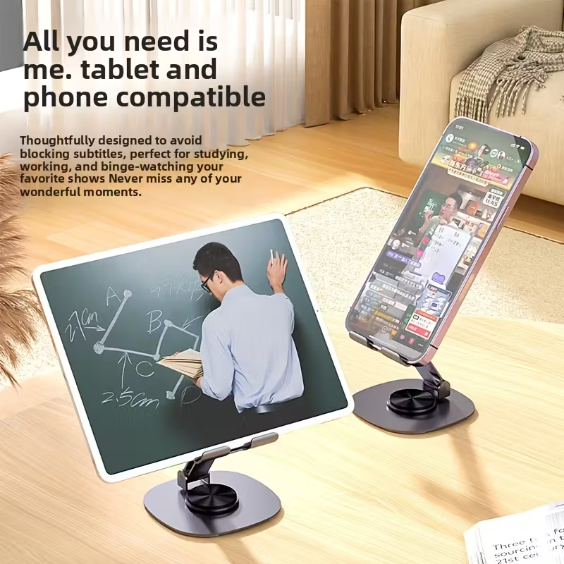 Aluminum Alloy Phone Stand - Waterproof, 360° Rotating Desk Mount with 2-Stage Adjustable & Foldable Design for Office and Bedstand Use