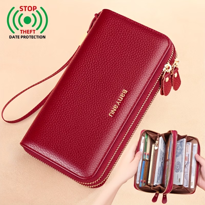 Women'S Long Wallet, Stylish And Spacious, Made of Top-Layer Cowhide, Double Zipper Genuine Leather Clutch Bag 9009