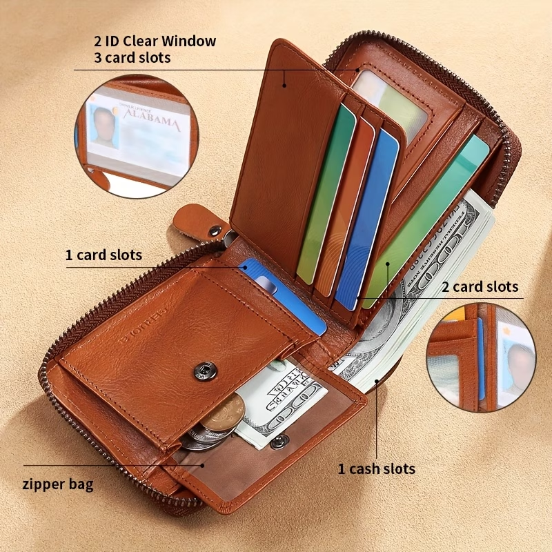 Men'S New Genuine Leather Short Wallet with Large Capacity, Zipper, Tri-Fold Design, And Ultra-Thin Cardholder