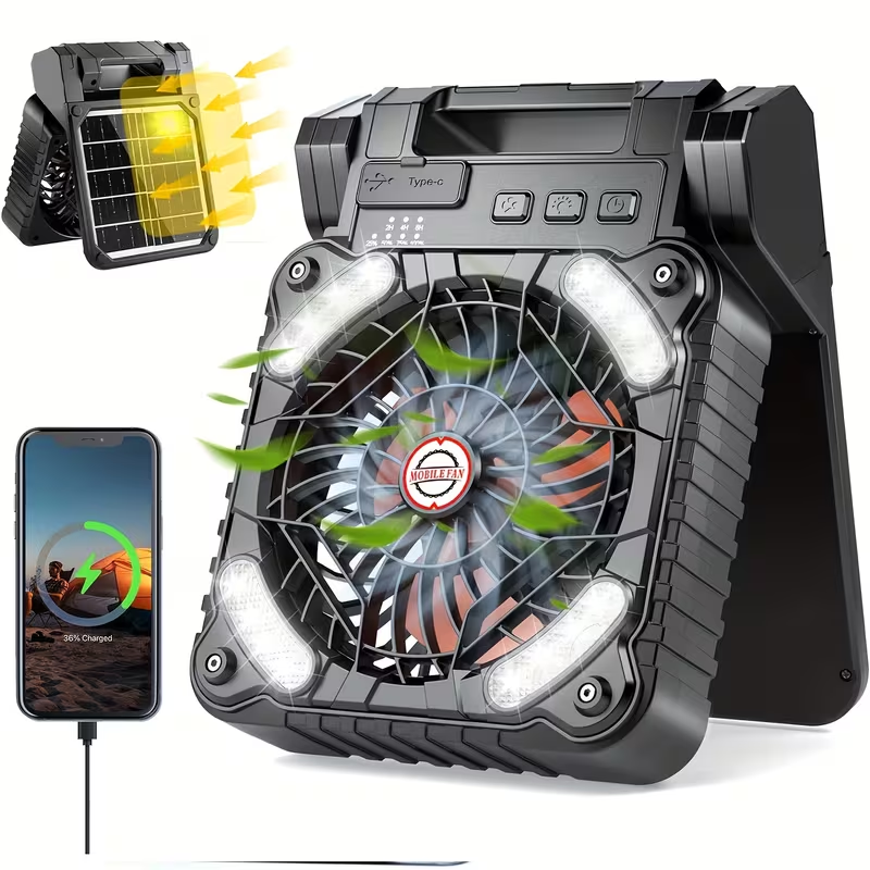 New Portable Solar Fan with LED Light, USB Rechargeable, Suitable for Camping, Foldable Outdoor Fan, And Desktop Fan