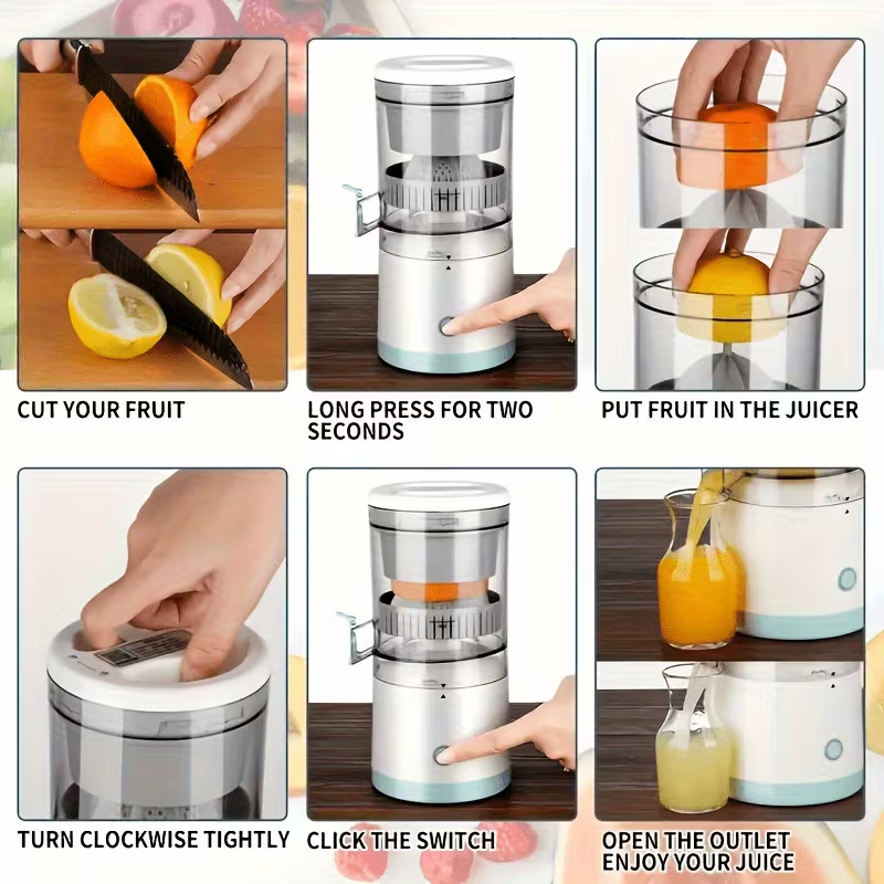 Portable Rechargeable Juicer, Efficiently Separates Pulp And Delivers High Juice Output, Lithium Battery-Powered, Suitable for Various Settings Such As Homes, for Fruits Like Oranges Lemons Watermelons And Grapes