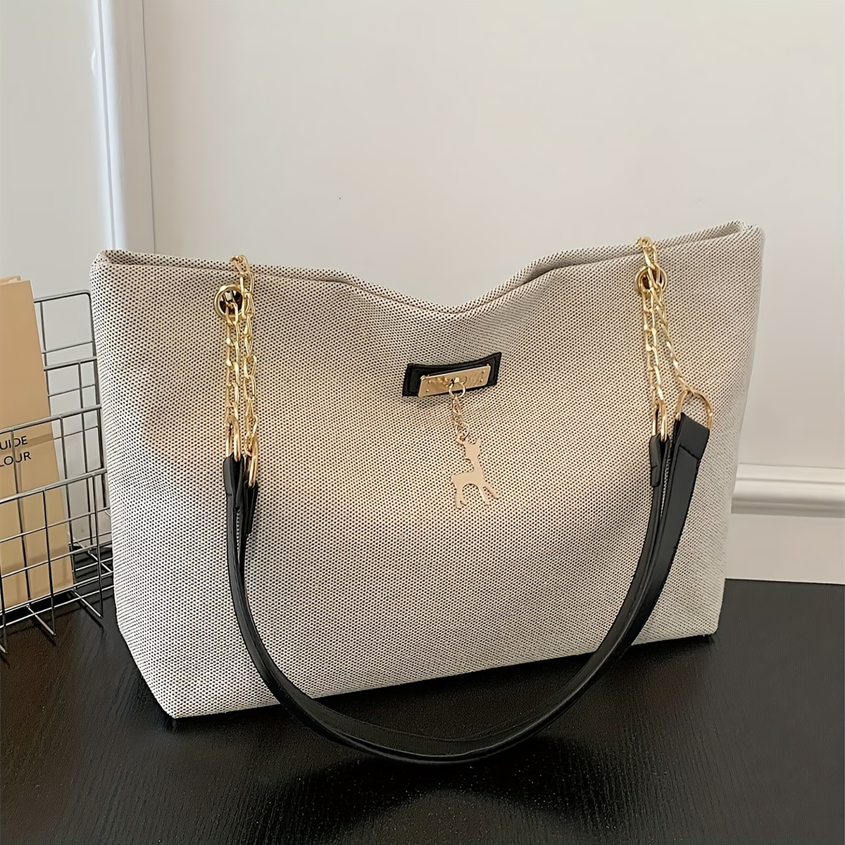 1pc Fashionable Polyester Tote Bag - Large Capacity, Adjustable Contrast Strap, Zipper Closure, Deer Charm for Women (Messenger Bag Style)