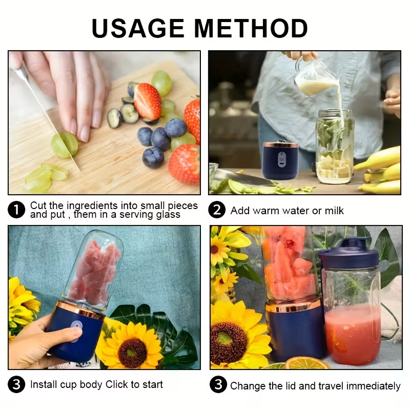 Portable Juicer That Can Be Charged Via USB, Comes with Two Cups, Features a Sport Cup Lid, And Is Multifunctional. It Has a Design And a Six-Blade System for Quick Juicing, Producing Smooth Juice, Making It Ideal for Home, Kitchen, And Travel Use