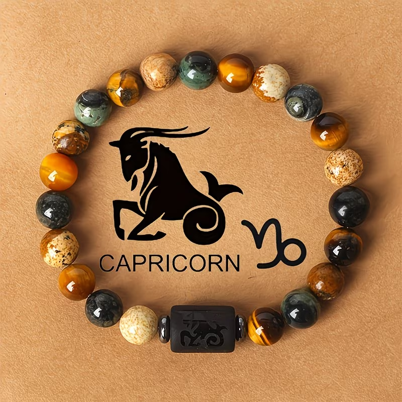 1pc 12 Constellations Zodiac Natural Stone Beaded Twelve Constellations Tiger Eye Stone Picture Stone Birthday Gift Valentine'S Day Gift Zodiac 19Cm/7.48Inch