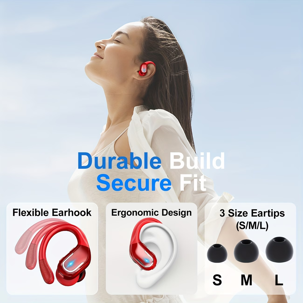 LIFEBEE Wireless Earbuds with Earhooks - Pure Bass Sound, Dual-LED Display, Noise Cancelling Headset with Built-in Microphone for Running Sports