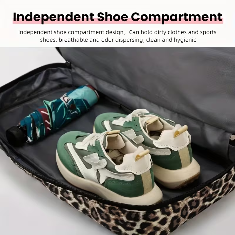 Trendy Leopard-Patterned Suitcase with Ample Space, Featuring a Separate Compartment for Shoes, an Adjustable Shoulder Strap, Ideal for Gym, Yoga, And Weekend Getaways, As Well As Leisure Activities And Outdoor Camping
