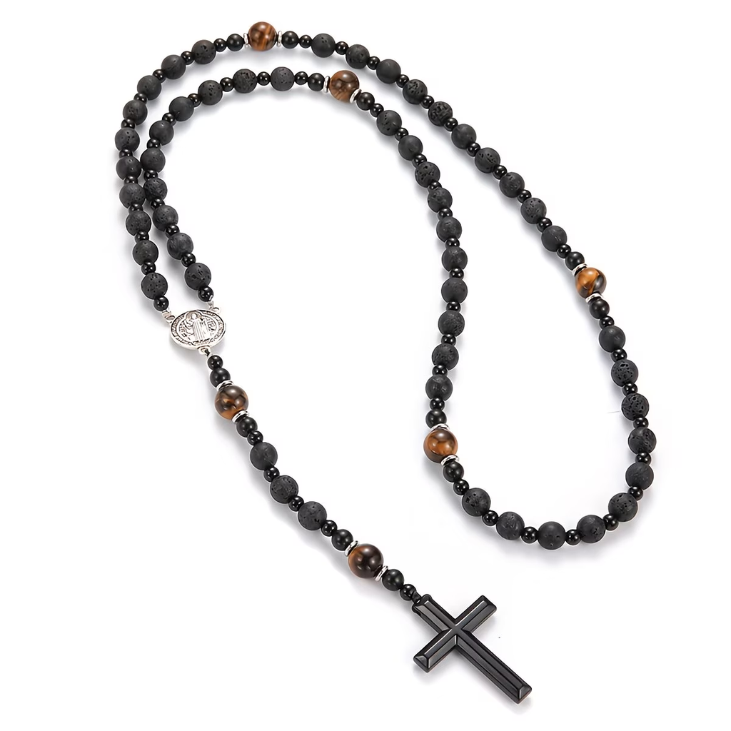 Trendy Cool Black Round Bead Yellow Tiger Eye St. Benedict Pendant Pendant Necklace Women Men Jewelry Gift
