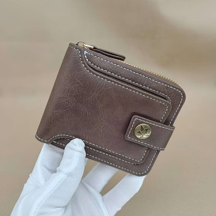 1pc, Fashionable Bark-pattern Brown PU Credit Card Holder with Zipper and Snap Closure, Small Zippered Coin Pouch, Zipper Button Closure, Business Style, Futuristic Zipper Wallet, ID Card Holder, Thanksgiving, Christmas, Warm Winter New Arrival