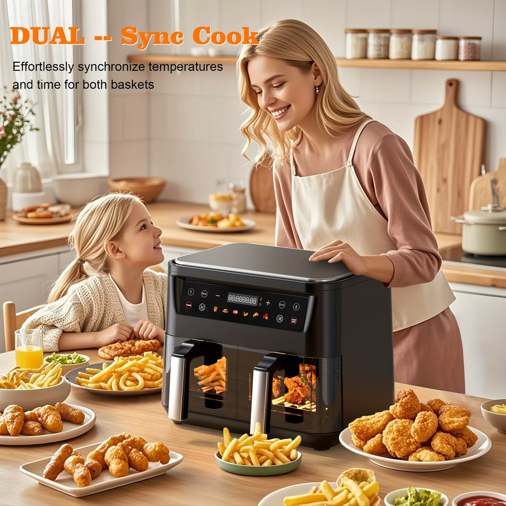10Qt 10-in-1 Dual Air Fryer, Fresh Balanced Meals for Family And Children with Double Baskets, Sync Cook & Finish to Bake, Roast, Reheat, Broil for Easy Cooking, Dishwasher Safe - Includes Air Fryer Paper Liners 50pcs, Christmas Gift