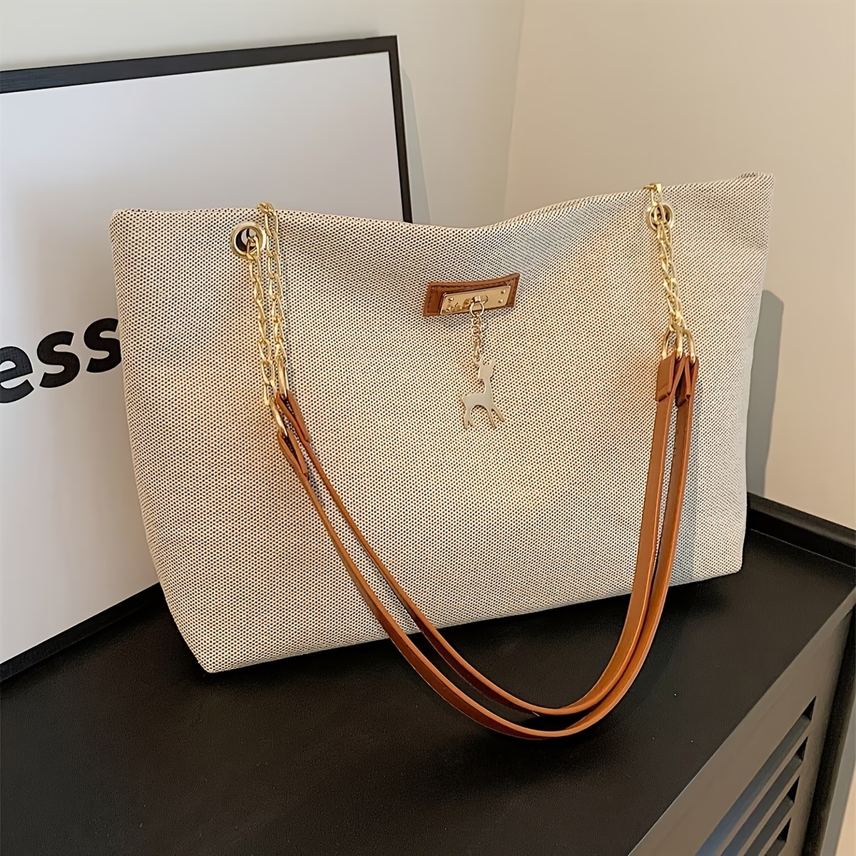 1pc Fashionable Polyester Tote Bag - Large Capacity, Adjustable Contrast Strap, Zipper Closure, Deer Charm for Women (Messenger Bag Style)